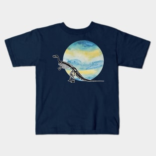 Dinosaur Skeleton in Space Blue Yellow Planet Kids T-Shirt